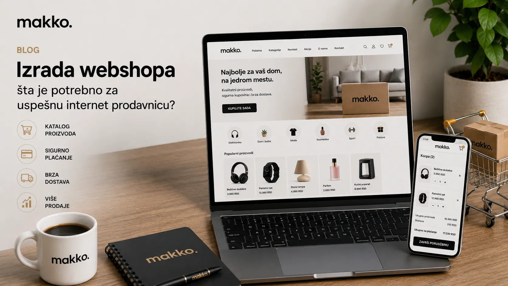 Prikaz moderne internet prodavnice na laptopu i mobilnom telefonu